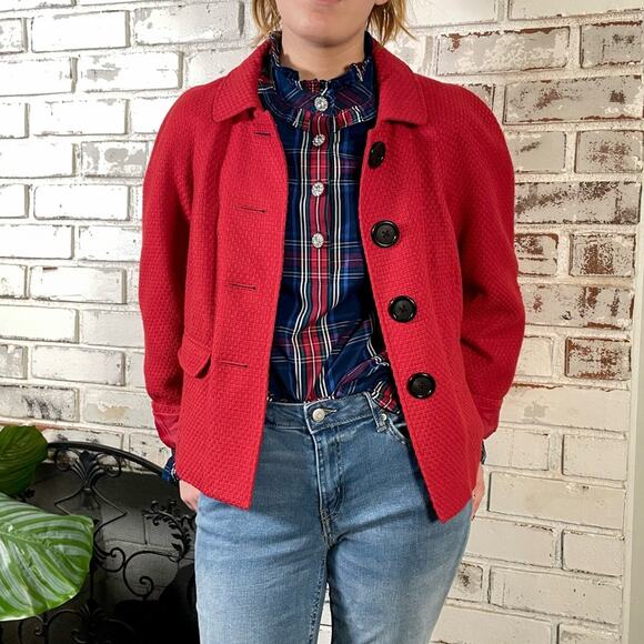 St. John’s Bay Cotton Red Blue Plaid Jeweled Button Ruffle Mock-neck Blouse - Picture 1 of 10